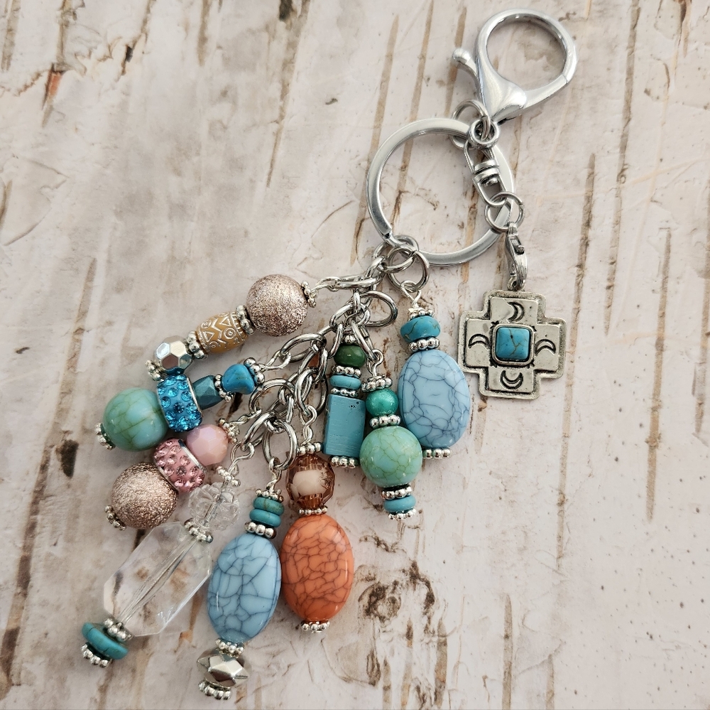Southwest Purse Charm or Keychain Glass Howlite Stone Handcrafted